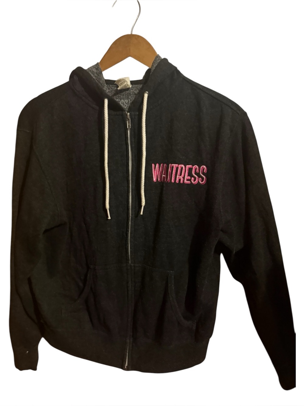 Grey Black 'WAITRESS' musical longsleeve Zip up Hoodie ladies small sweatshirt